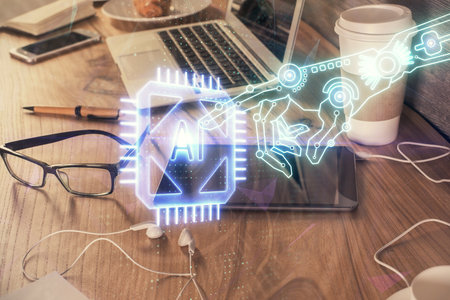 Double exposure of data theme drawing and mobile phone background. Concept of innovationの写真素材