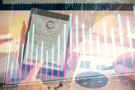 Multi exposure of mans hands holding and using a phone and financial chart drawing. Market analysis concept.の写真素材