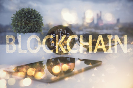Double exposure of blockchain theme drawing and cell phone background. Concept of cryptomarketの写真素材
