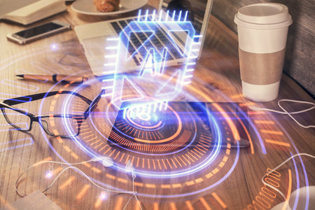 Double exposure of data theme drawing and mobile phone background. Concept of innovationの写真素材