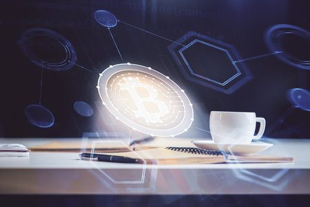 Double exposure of crypto technology drawing and desktop with coffee and items on table background. Concept of blockchainの写真素材