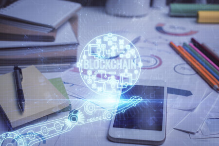 Double exposure of blockchain theme drawing and cell phone background. Concept of cryptomarketの写真素材