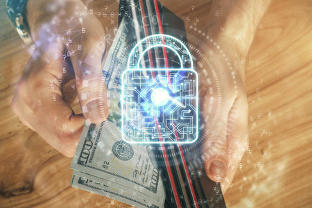 Double exposure of lock drawing hologram and us dollars bills and man hands. Security conceptの写真素材