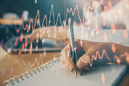 Double exposure of forex chart drawing over people taking notes background. Concept of financial...