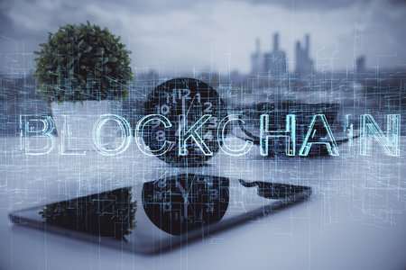 Double exposure of blockchain theme drawing and cell phone background. Concept of cryptomarket