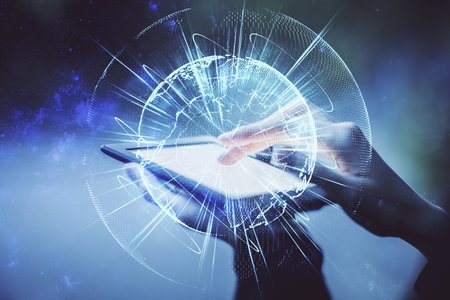 Double exposure of business theme sketch hologram and woman holding and using a mobile device.の写真素材