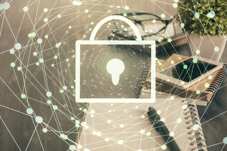 Double exposure of lock drawing and cell phone background. Concept of information securityの写真素材