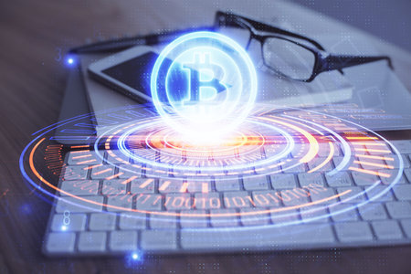 Double exposure of blockchain theme drawing and cell phone background. Concept of cryptomarketの写真素材