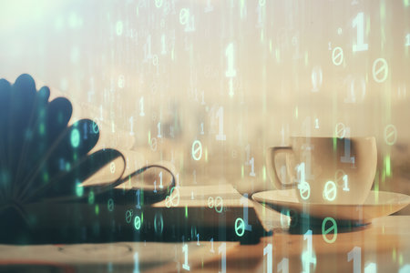 Double exposure of technology theme drawing and desktop with coffee and items on table background. Concept of data research.の写真素材