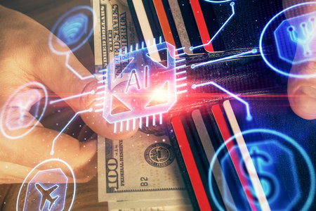 Double exposure of technology drawing hologram and us dollars bills and man hands. Data conceptの写真素材
