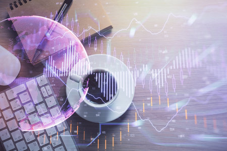 Multi exposure of forex chart drawing and work table top veiw. Concept of financial analysis.の写真素材