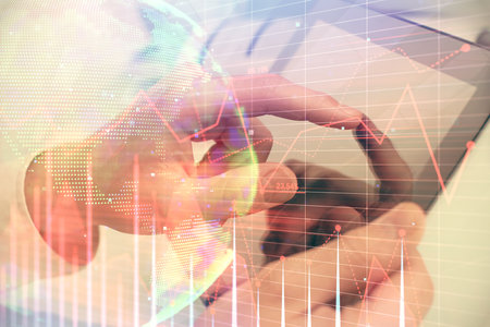 Multi exposure of mans hands holding and using a phone and financial chart drawing. Market analysis concept.の写真素材