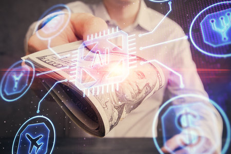 Double exposure of technology drawing hologram and us dollars bills and man hands. Data conceptの写真素材