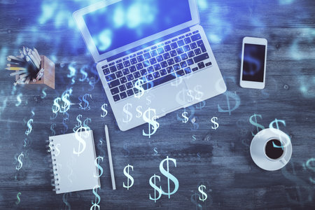 Double exposure of forex chart drawing over table background with computer. Concept of financial research and analysis. Top view.の写真素材