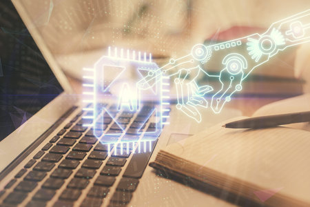 Double exposure of technology theme drawing and desktop with coffee and items on table background....
