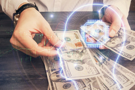 Multi exposure of brain drawing hologram and us dollars bills and man hands. Ai invest conceptの写真素材