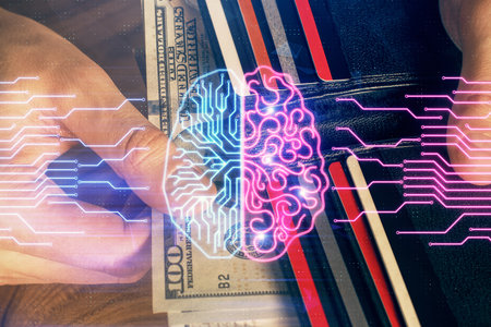 Multi exposure of brain drawing hologram and us dollars bills and man hands. Ai invest conceptの写真素材