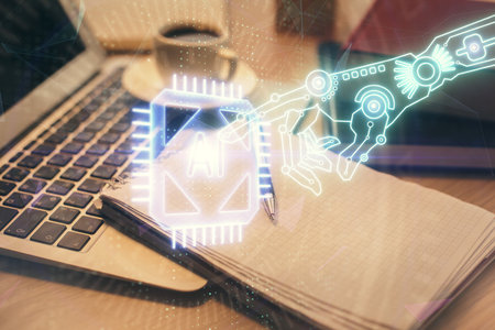 Double exposure of technology theme drawing and desktop with coffee and items on table background....