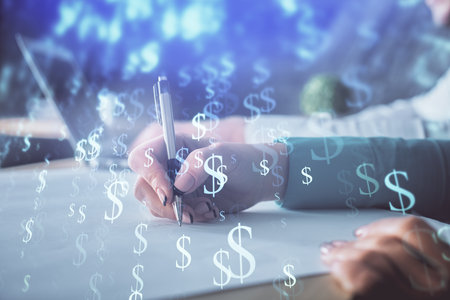 Double exposure of forex chart drawing over people taking notes background. Concept of financial analysisの写真素材