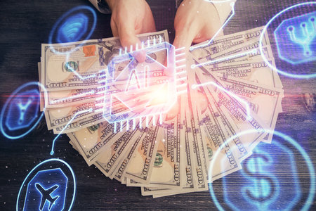 Multi exposure of technology drawing hologram and us dollars bills and man hands. Data conceptの写真素材