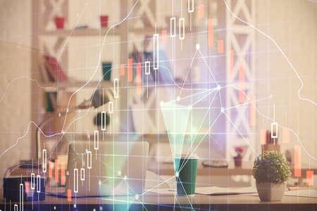 Double exposure of stock market graph drawing and office interior background. Concept of financial analysis.の写真素材