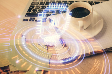 Multi exposure of technology theme drawing and desktop with coffee and items on table background. Concept of data research.の写真素材
