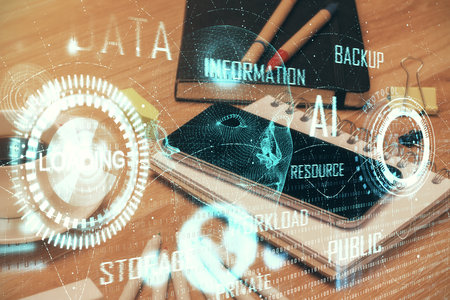 Double exposure of data theme drawing and mobile phone background. Concept of innovationの写真素材