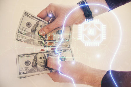 Multi exposure of brain drawing hologram and us dollars bills and man hands. Ai invest conceptの写真素材