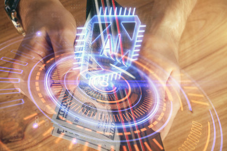 Double exposure of technology drawing hologram and us dollars bills and man hands. Data concept