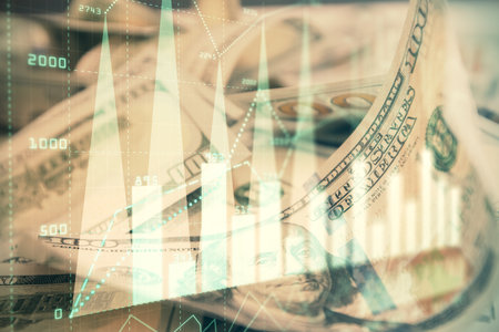 Double exposure of forex graph drawing over us dollars bill background. Concept of financial markets.の写真素材