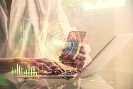 Double exposure of technology sketch hologram and woman holding and using a mobile device. Ai...