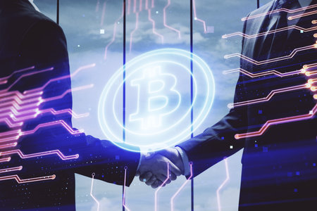Double exposure of blockchain hologram and handshake of two men. Crypto business concept.の写真素材