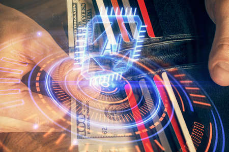 Double exposure of technology drawing hologram and us dollars bills and man hands. Data concept