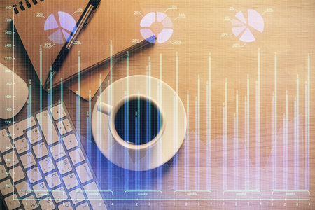 Multi exposure of forex chart drawing and work table top veiw. Concept of financial analysis.の写真素材