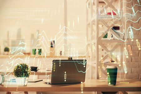 Double exposure of stock market graph drawing and office interior background. Concept of financial analysis.の写真素材