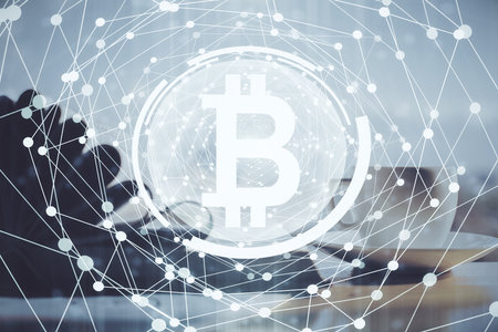 Double exposure of crypto technology drawing and desktop with coffee and items on table background. Concept of blockchainの写真素材