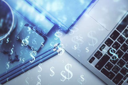 Double exposure of forex graph drawing over desktop background with computer. Concept of financial analysis. Top view.の写真素材