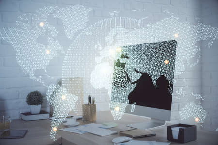 Double exposure of business theme drawing and office interior background. Concept of successの写真素材