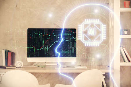 Multi exposure of brain drawing and office interior background. Concept of data technology.