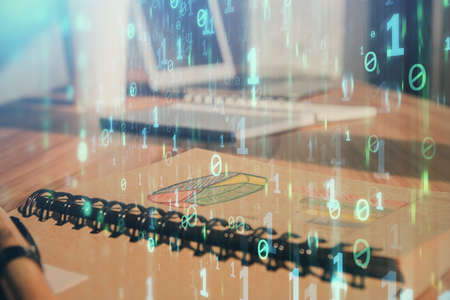 Multi exposure of data theme drawings and desk with open notebook background. Concept of educationの写真素材