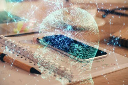 Double exposure of brain theme drawing and cell phone background. Concept of informationの写真素材