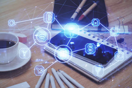 Double exposure of social network theme drawing and cell phone background. Concept of people...