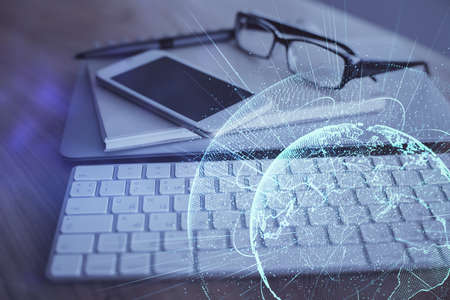Double exposure of social network theme drawing and cell phone background. Concept of people...
