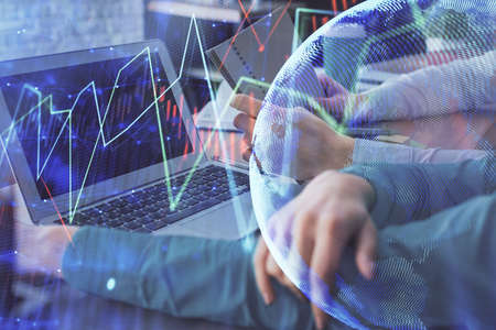 Double exposure of man and woman working together and forex chart hologram. Business concept....
