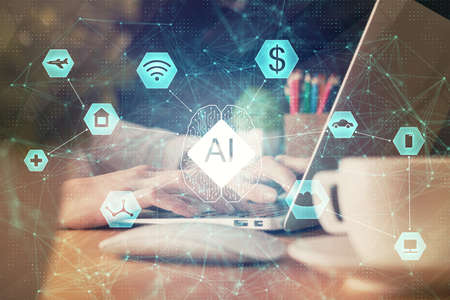 Double exposure of woman hands working on computer and data theme hologram drawing. Tech concept.