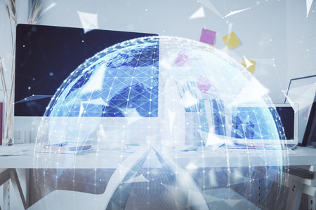 Double exposure of business theme drawing and office interior background. Concept of successの写真素材