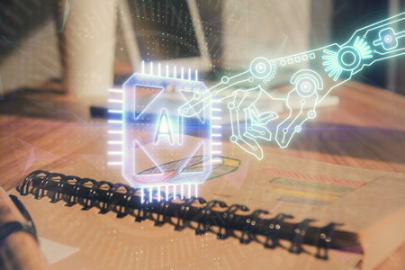 Multi exposure of data theme drawings and desk with open notebook background. Concept of education