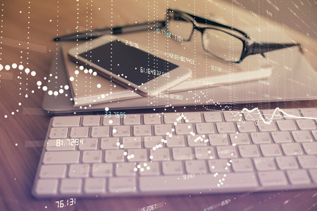 Double exposure of data theme drawing and mobile phone background. Concept of innovationの写真素材