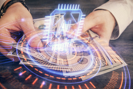 Multi exposure of technology drawing hologram and us dollars bills and man hands. Data conceptの写真素材
