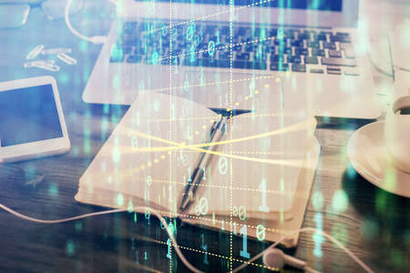 Multi exposure of data theme drawings and desk with open notebook background. Concept of education